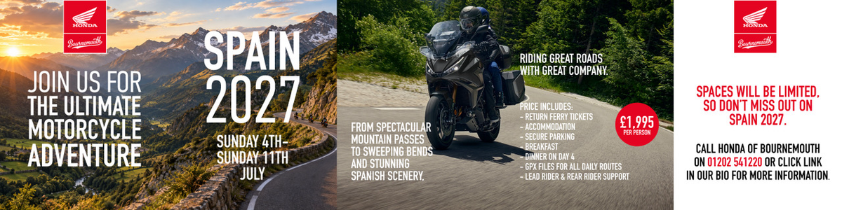 Honda of Bournemouth Spain 2027 motorcycle tour through the Spanish mountains, featuring scenic roads and a touring motorcycle.